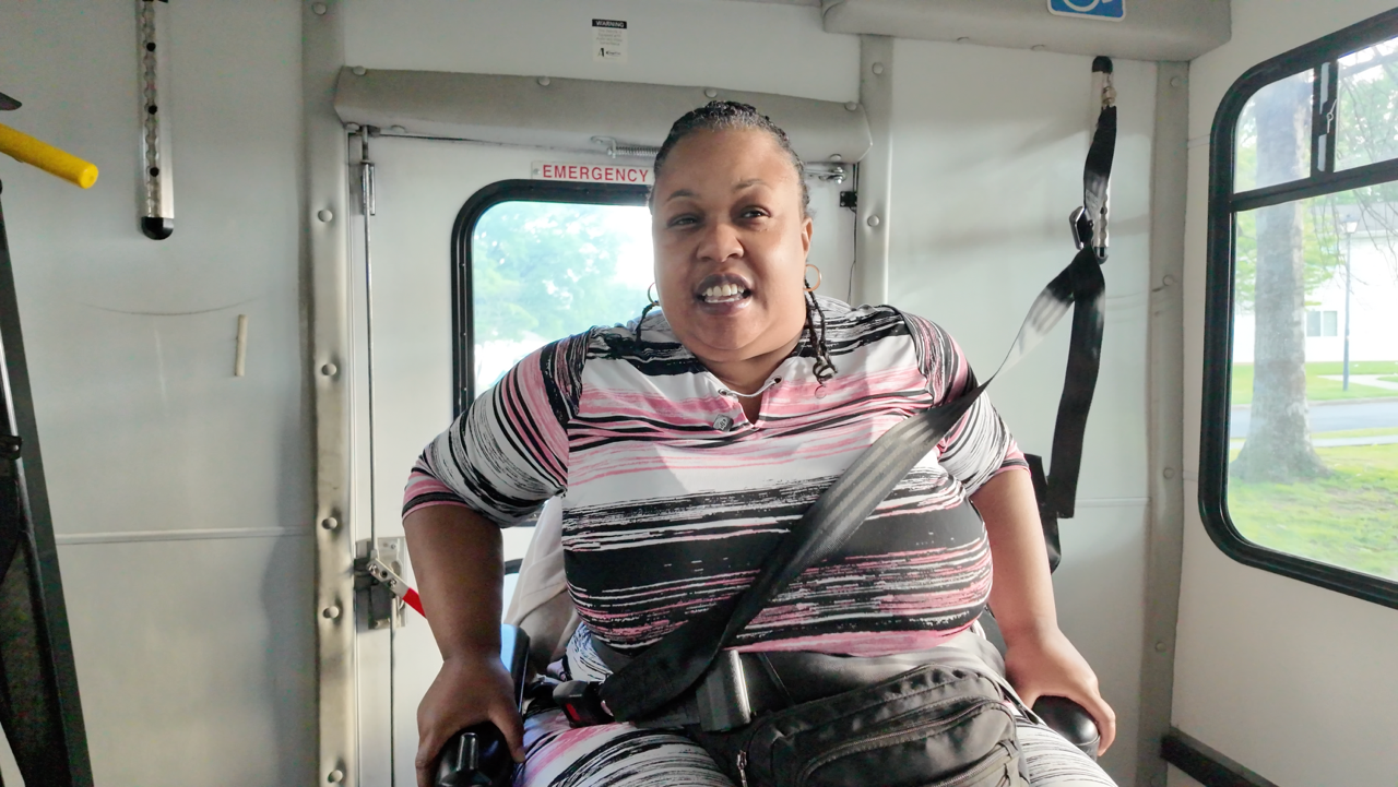 woman riding radar bus